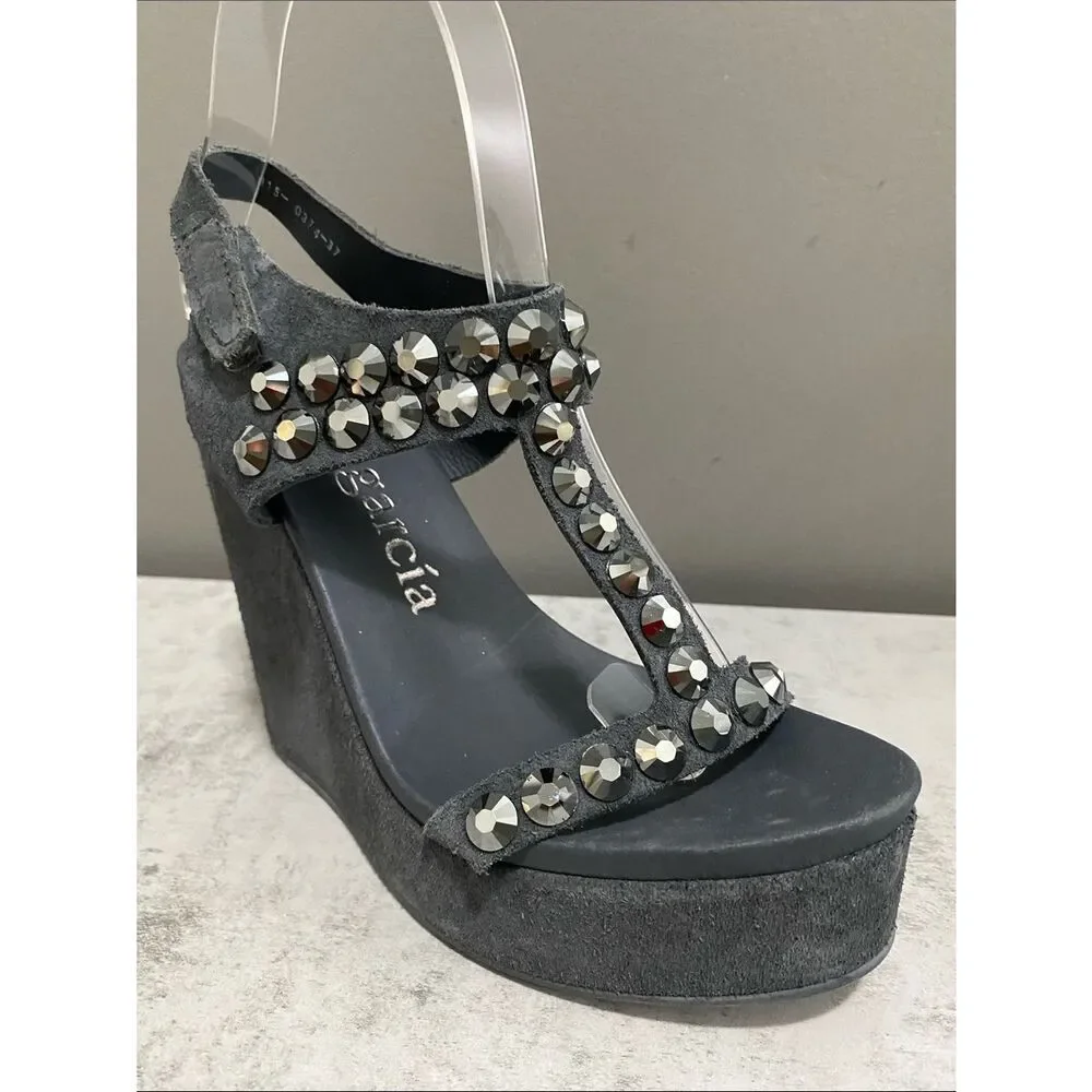 Pedro Garcia Swarovski Crystals Black Suede Platform Wedge Sandals Size 37 US 7